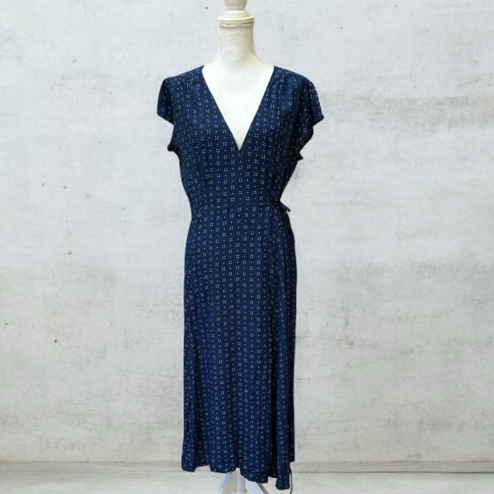 Gap Women’s Navy Blue Dot Print Short Sleeve Full Maxi Wrap Dress Tie Waist Med - Picture 3 of 16